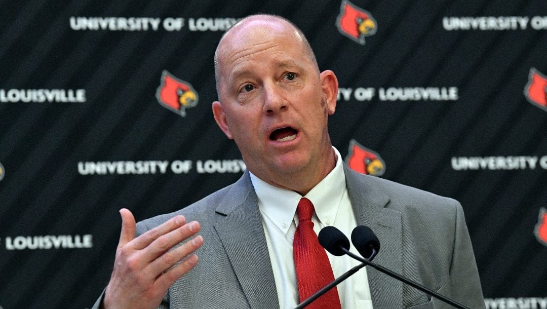 Jeff Brohm speaks after he was introduced as Louisville football coach in Louisville, Ky., Thursday, Dec. 8, 2022.