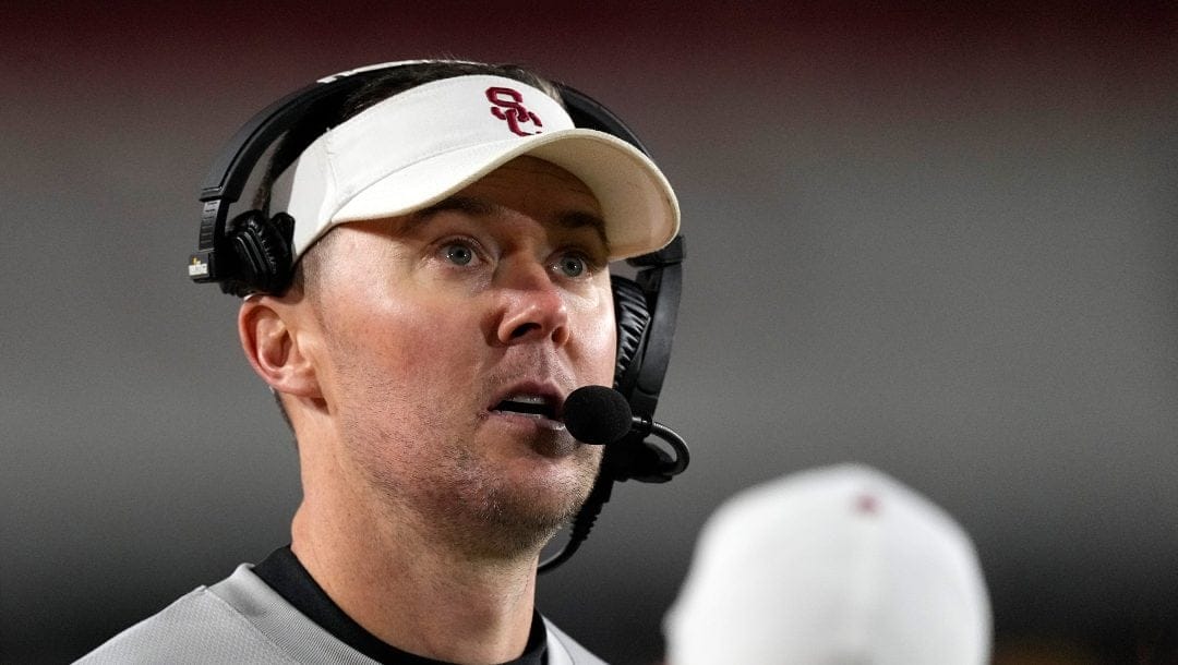 Southern California head coach Lincoln Riley stands on the sideline during the second half of an NCAA college football game against Notre Dame Saturday, Nov. 26, 2022, in Los Angeles.