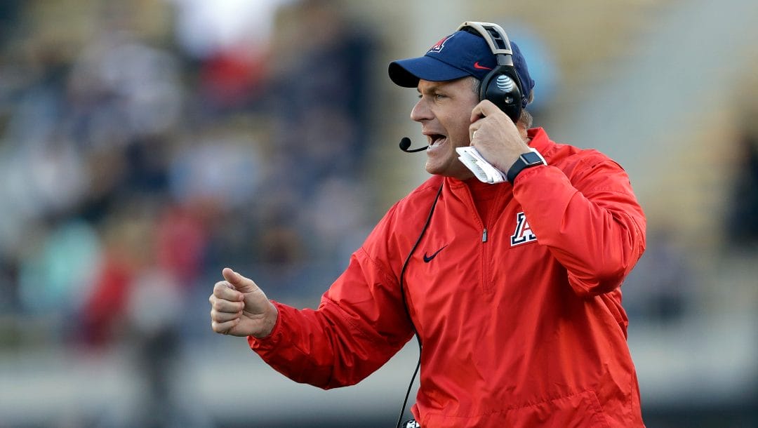 In this Oct. 21, 2017, file photo, Arizona coach Rich Rodriguez yells from the sideline during the first half of the team's NCAA college football game against California in Berkeley, Calif.