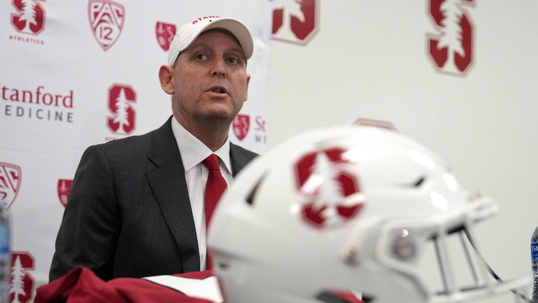 Troy Taylor speaks after being introduced as the new head NCAA college football coach at Stanford during a news conference, Monday, Dec. 12, 2022, in Stanford, Calif.