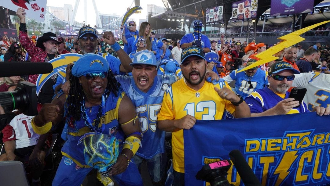 Los Angeles Chargers fans celebrate during the 2022 NFL Draft on Friday, April 29, 2022, in Las Vegas.