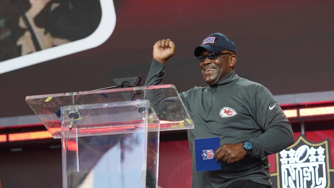 In partnership with the USO, retired 31-year US Army veteran John Brunson announces a Kansas City Chiefs pick during the 2022 NFL Draft on Saturday, April 30, 2022, in Las Vegas.