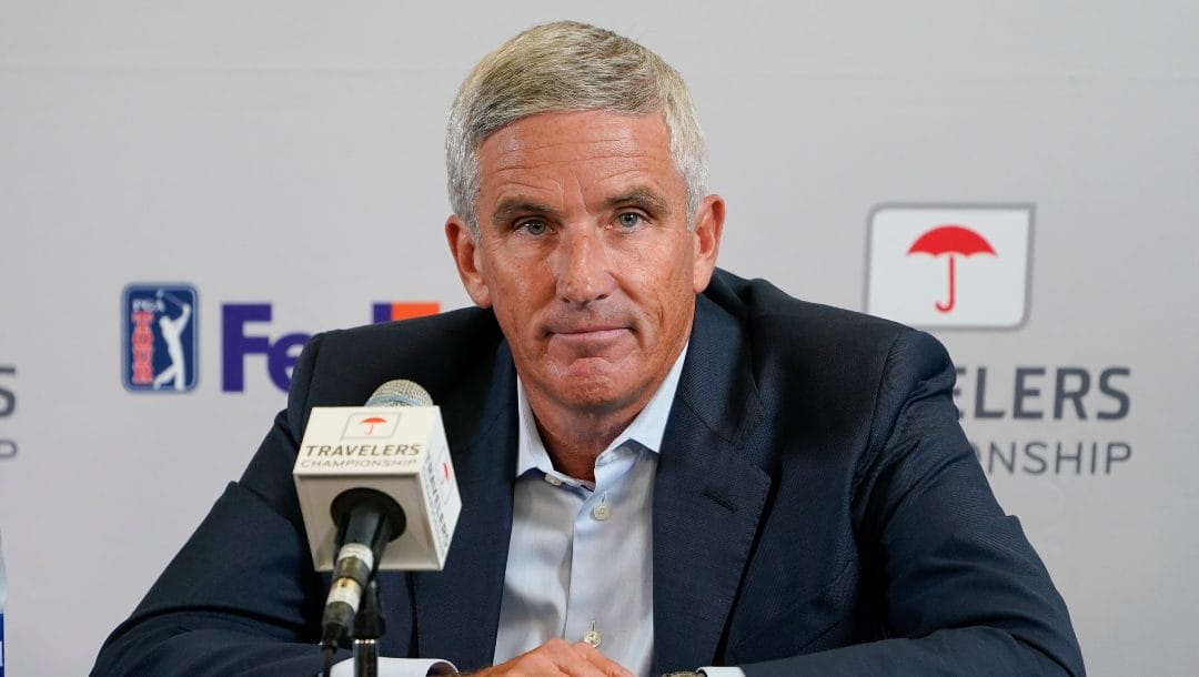 PGA Tour Commissioner Jay Monahan speaks during a news conference before the start of the Travelers Championship golf tournament at TPC River Highlands, Wednesday, June 22, 2022, in Cromwell, Conn.