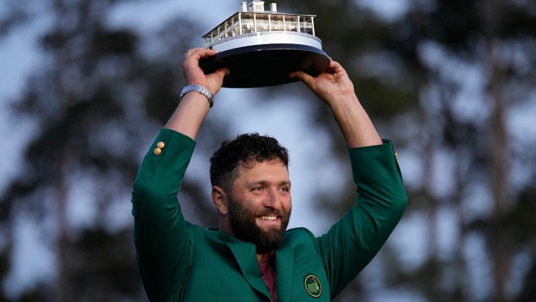Jon Rahm, of Spain, celebrates winning the Masters golf tournament at Augusta National Golf Club on Sunday, April 9, 2023, in Augusta, Ga.