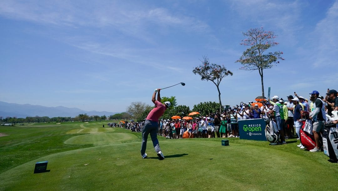 Jon Rahm, of Spain, tees off at the third tee during the final round of the Mexico Open at Vidanta in Puerto Vallarta, Mexico, Sunday, May 1, 2022.