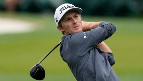Will Zalatoris hits from the third tee during a practice for the Masters golf tournament at Augusta National Golf Club, Monday, April 3, 2023, in Augusta, Ga.