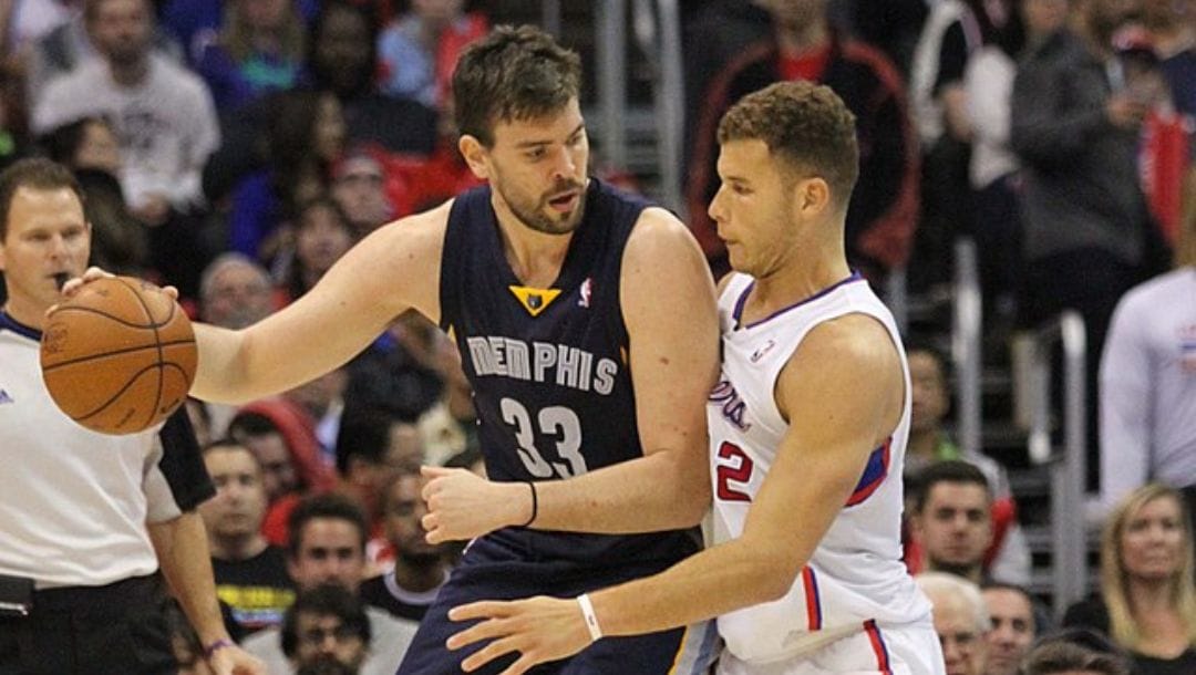 Marc Gasol of the Memphis Grizzlies and Blake Griffin of the Los Angeles Clippers during an NBA regular season game in November 2013.