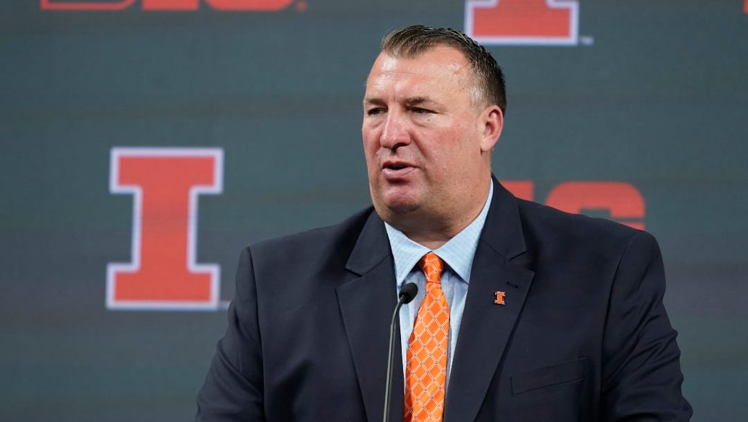 Illinois head coach Bret Bielema talks to reporters during an NCAA college football news conference at the Big Ten Conference media days, at Lucas Oil Stadium, Wednesday, July 27, 2022, in Indianapolis. (AP Photo/Darron Cummings)