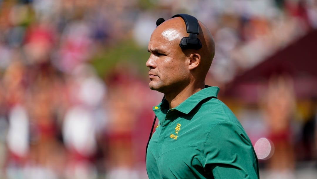 Baylor head coach Dave Aranda watches from the sideline during the second half of an NCAA college football game against Iowa State, Saturday, Sept. 24, 2022, in Ames, Iowa. Baylor won 31-24. (AP Photo/Charlie Neibergall)