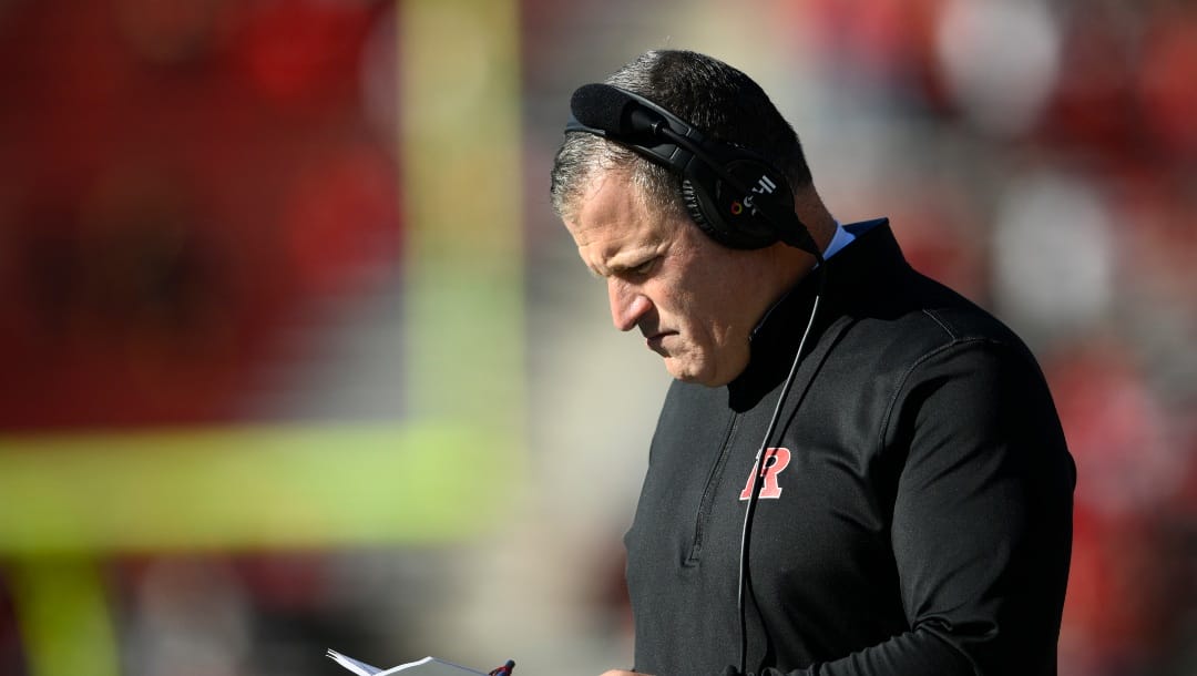 Rutgers head coach Greg Schiano looks on during the first half of an NCAA college football game against Maryland, Saturday, Nov. 26, 2022, in College Park, Md. (AP Photo/Nick Wass)