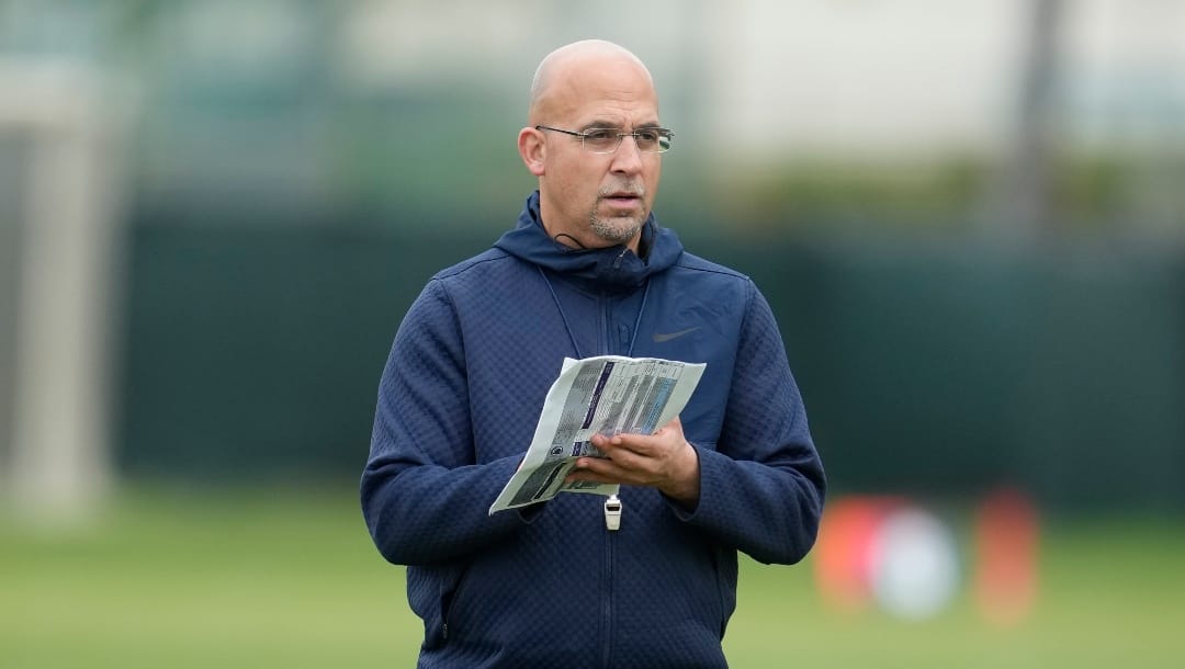 Penn State head coach James Franklin watches practice ahead of the Rose Bowl NCAA college football game against Utah, Thursday, Dec. 29, 2022, in Carson, Calif. (AP Photo/Marcio Jose Sanchez)