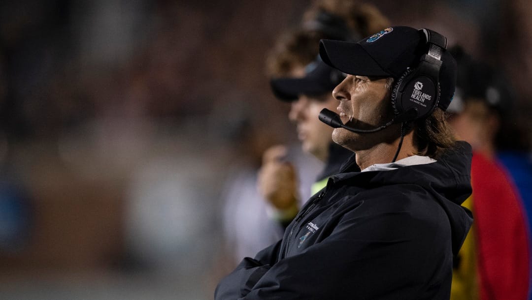 Coastal Carolina head coach Jamey Chadwell looks one during the first half of an NCAA college football game against Troy on Thursday, Oct. 28, 2021, in Conway, S.C. (AP Photo/Matt Kelley)