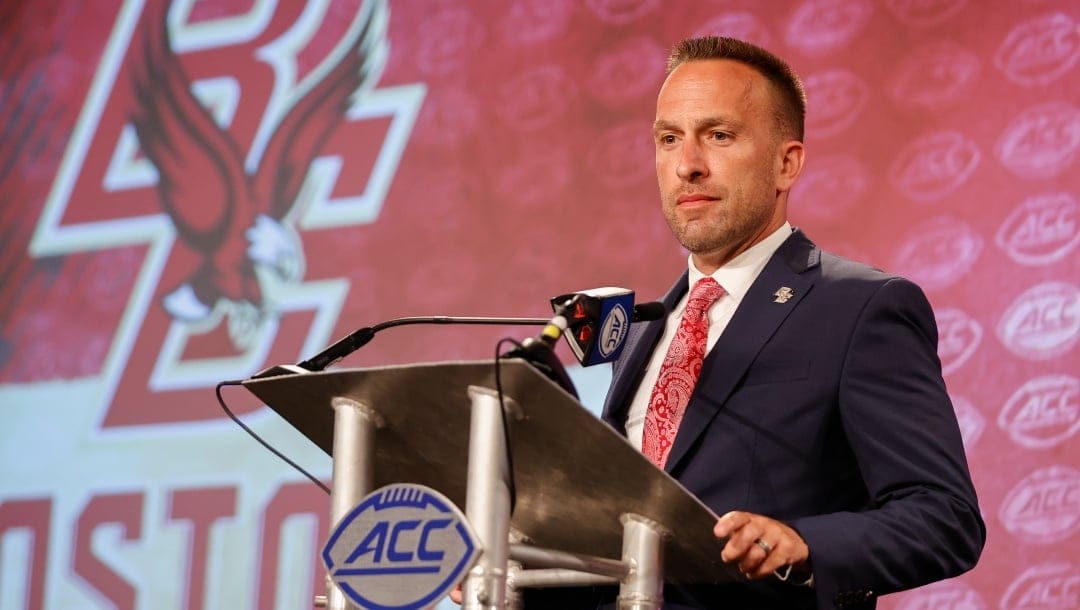 Boston College head coach Jeff Hafley answers a question at the NCAA college football Atlantic Coast Conference Media Days in Charlotte, N.C., Wednesday, July 20, 2022. (AP Photo/Nell Redmond)
