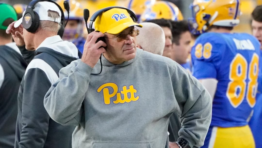 Pittsburgh head coach Pat Narduzzi walks along the sideline as his team plays against Virginia Tech during the second half of an NCAA college football game, Saturday, Oct. 8, 2022, in Pittsburgh (AP Photo/Keith Srakocic)