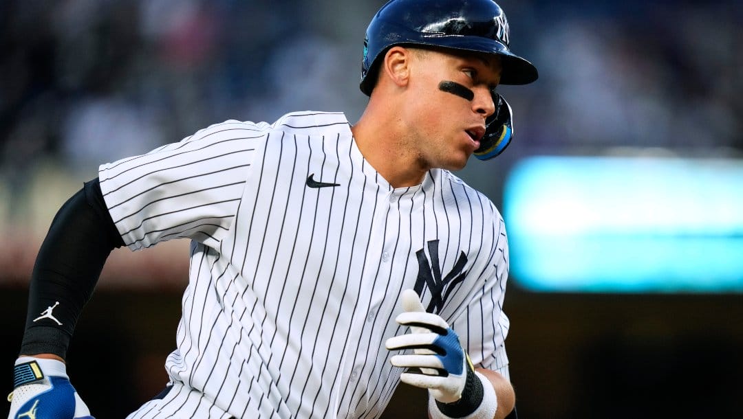 New York Yankees' Aaron Judge runs the bases after hitting a two-run home run against the Los Angeles Angels during the first inning of a baseball game Wednesday, April 19, 2023, in New York.
