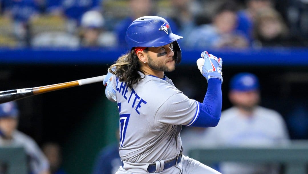 Toronto Blue Jays' Bo Bichette hits a home run during the seventh inning of a baseball game against the Kansas City Royals, Monday, April 3, 2023, in Kansas City, Mo.