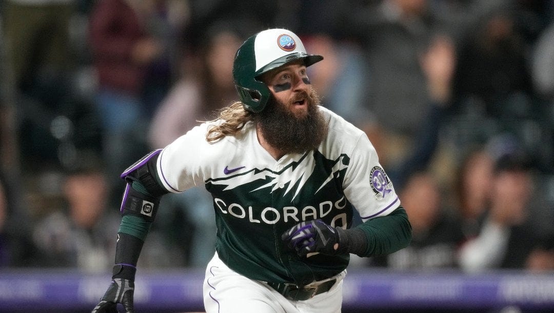 Colorado Rockies right fielder Charlie Blackmon (19) in the ninth inning of a baseball game Saturday, April 8, 2023, in Denver.