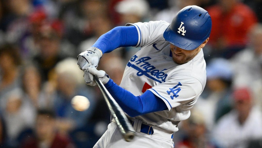 Los Angeles Dodgers' Freddie Freeman in action during a baseball game against the Washington Nationals, Monday, May 23, 2022, in Washington.