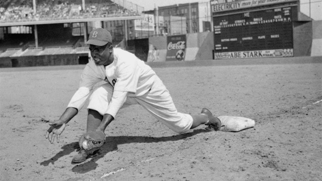 Jackie Robinson, Brooklyn Dodgers' first baseman, is shown at Ebbets Field, April 11, 1947.