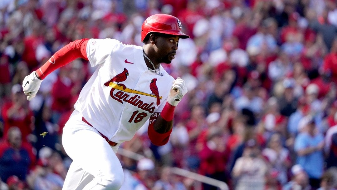 St. Louis Cardinals' Jordan Walker singles during the second inning of an opening day baseball game against the Toronto Blue Jays Thursday, March 30, 2023, in St. Louis.