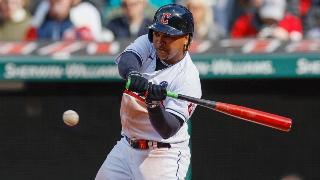 Cleveland Guardians' Jose Ramirez bats against the Seattle Mariners during the first inning of a baseball game, Friday, April 7, 2023, in Cleveland.