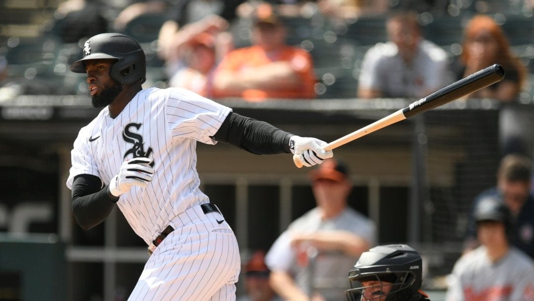 Chicago White Sox's Luis Robert Jr. bats during an MLB baseball game against the Baltimore Orioles Saturday, April 15, 2023, in Chicago.
