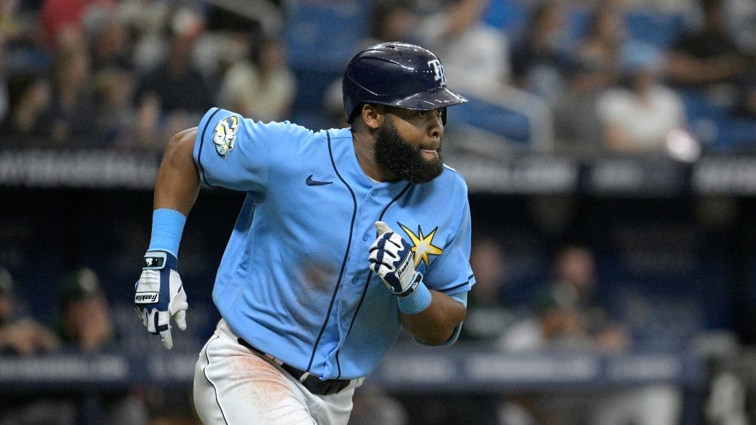 Tampa Bay Rays' Manuel Margot runs after hitting a solo home run during the sixth inning of a baseball game against the Oakland Athletics, Saturday, April 8, 2023, in St. Petersburg, Fla. (AP Photo/Phelan M. Ebenhack)