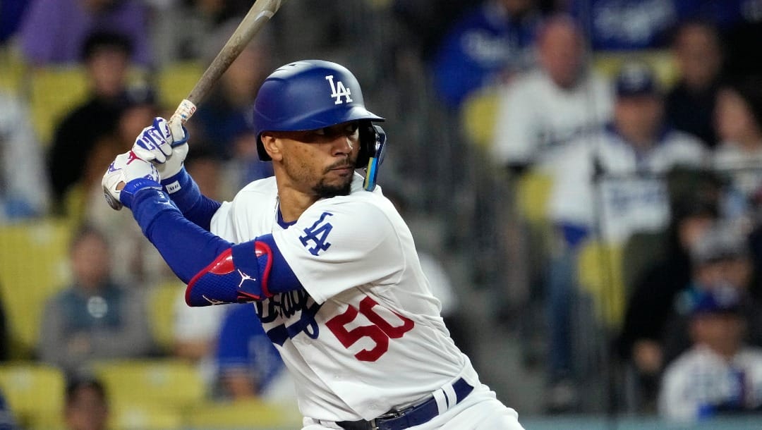 Los Angeles Dodgers' Mookie Betts bats during the eighth inning of a baseball game against the St. Louis Cardinals Friday, April 28, 2023, in Los Angeles. (AP Photo/Mark J. Terrill)