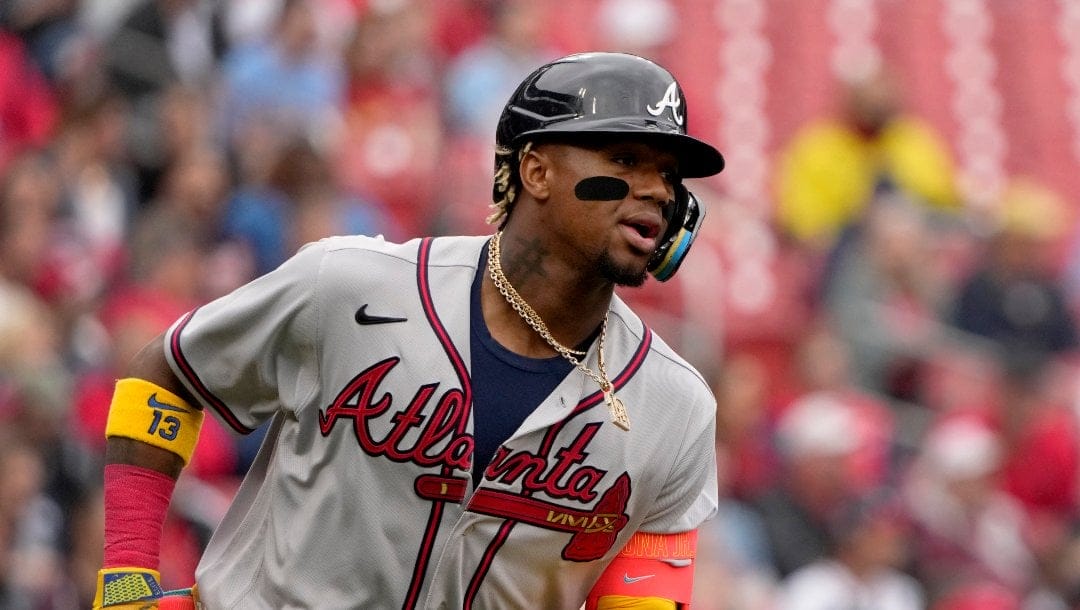 Atlanta Braves' Ronald Acuna Jr. singles during the fourth inning of a baseball game against the St. Louis Cardinals Wednesday, April 5, 2023, in St. Louis.