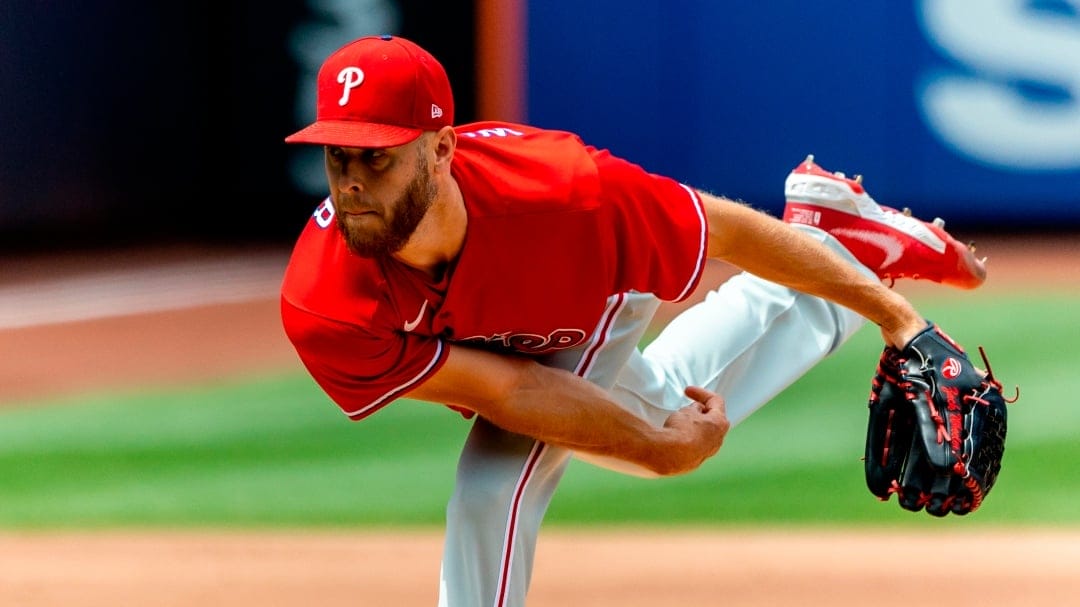 Philadelphia Phillies starting pitcher Zack Wheeler throws during the second inning of a baseball game against the New York Mets, Sunday, Aug. 14, 2022, in New York. The Mets won 6-0. (AP Photo/Julia Nikhinson)