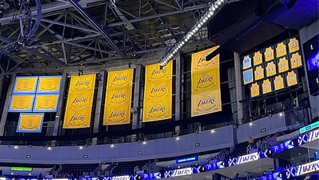 Los Angeles Lakers championship banners and retired jerseys hanging inside Crypto.com Arena. Updated in 2022.