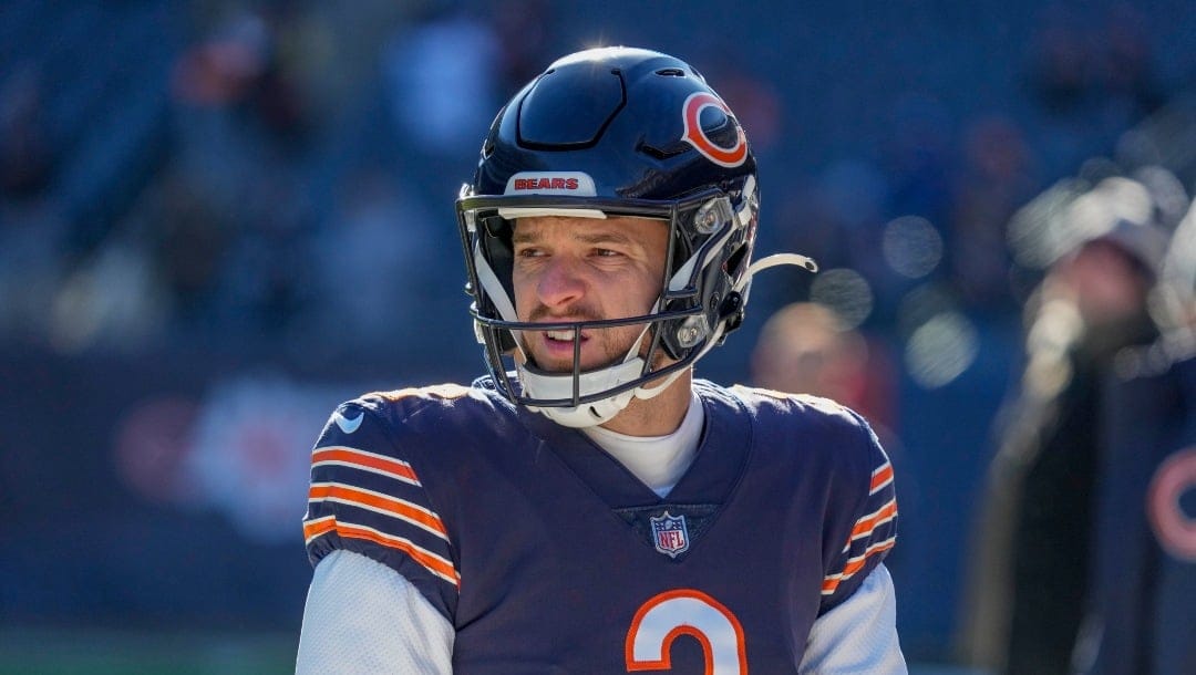 Chicago Bears' Cairo Santos warms up before an NFL football game against the Green Bay Packers Sunday, Dec. 4, 2022, in Chicago. (AP Photo/Nam Y. Huh)