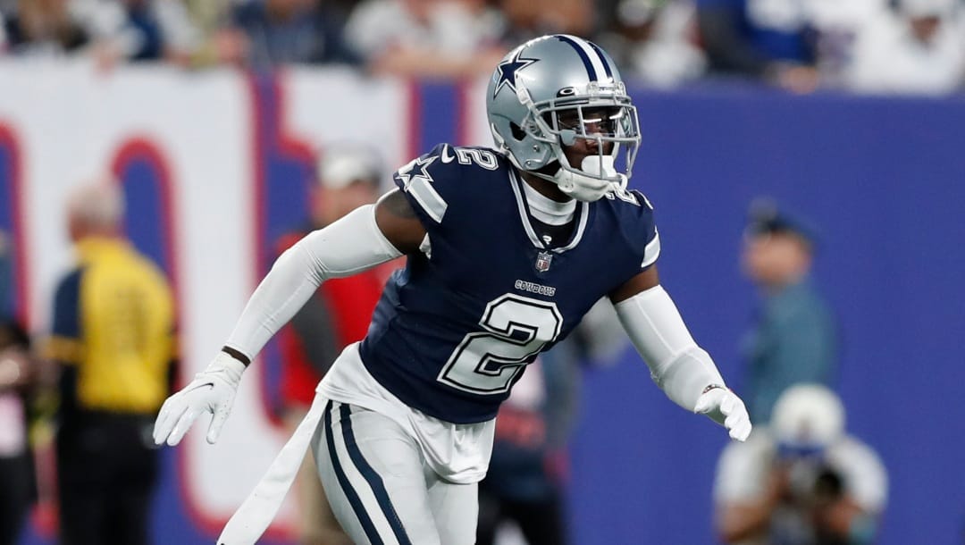 Dallas Cowboys cornerback Jourdan Lewis (2) in coverage during an NFL football game against the New York Giants, Monday, Sept. 26, 2022, in East Rutherford, N.J. The Dallas Cowboys won 23-16. (AP Photo/Steve Luciano)