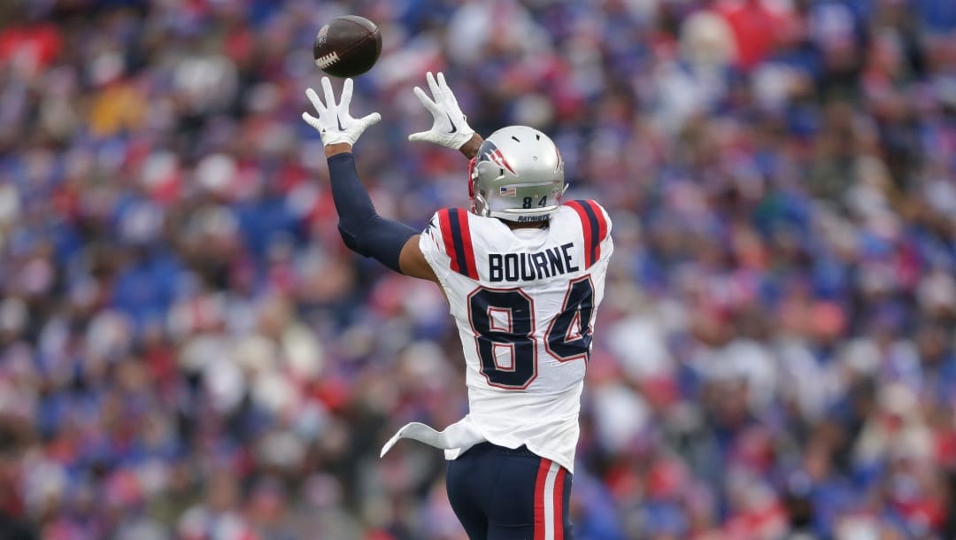 New England Patriots wide receiver Kendrick Bourne (84) makes a catch during the first half of an NFL football game against the Buffalo Bills on Sunday, Jan. 8, 2023, in Orchard Park, N.Y. (AP Photo/Joshua Bessex)