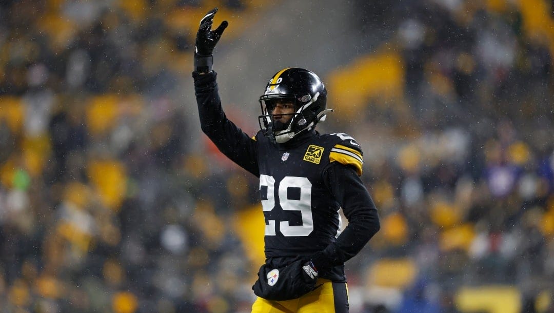 Pittsburgh Steelers cornerback Levi Wallace (29) gestures to the crowd during an NFL football game against the Las Vegas Raiders, Sunday, Dec. 24, 2022, in Pittsburgh. (AP Photo/Tyler Kaufman)