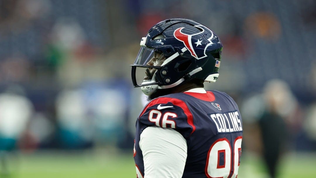 Houston Texans defensive lineman Maliek Collins (96) during pregame warmups before an NFL football game against the Jacksonville Jaguars on Sunday, January 1, 2023, in Houston. (AP Photo/Matt Patterson)