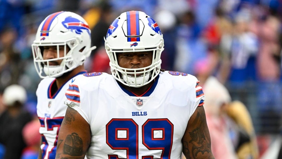 Buffalo Bills defensive tackle Tim Settle (99) looks on during pre-game warm-ups before a NFL football game against the Baltimore Ravens, Sunday, Oct. 2, 2022, in Baltimore. (AP Photo/Terrance Williams)