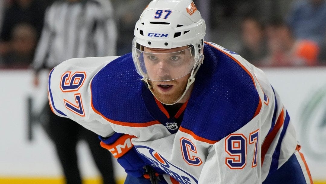 Edmonton Oilers center Connor McDavid (97) in the first period during an NHL hockey game against the Arizona Coyotes, Monday, March 27, 2023, in Tempe, Ariz.