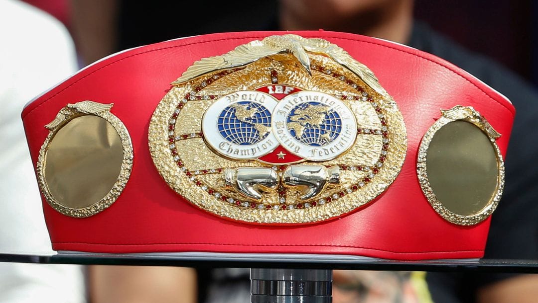 Title belt of IBF middleweight world champion Daniel Jacobs (35-2, 29 KOs) is displayed during a pre-fight press conference.