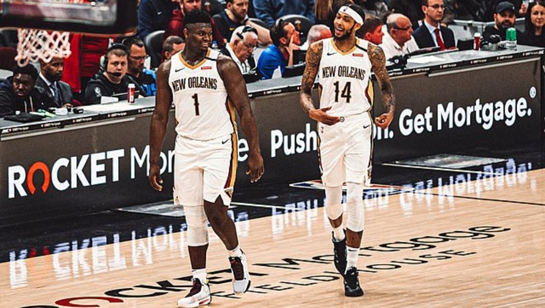 Zion Williamson and Brandon Ingram of the New Orleans Pelicans share the court during an NBA game in January 2020.