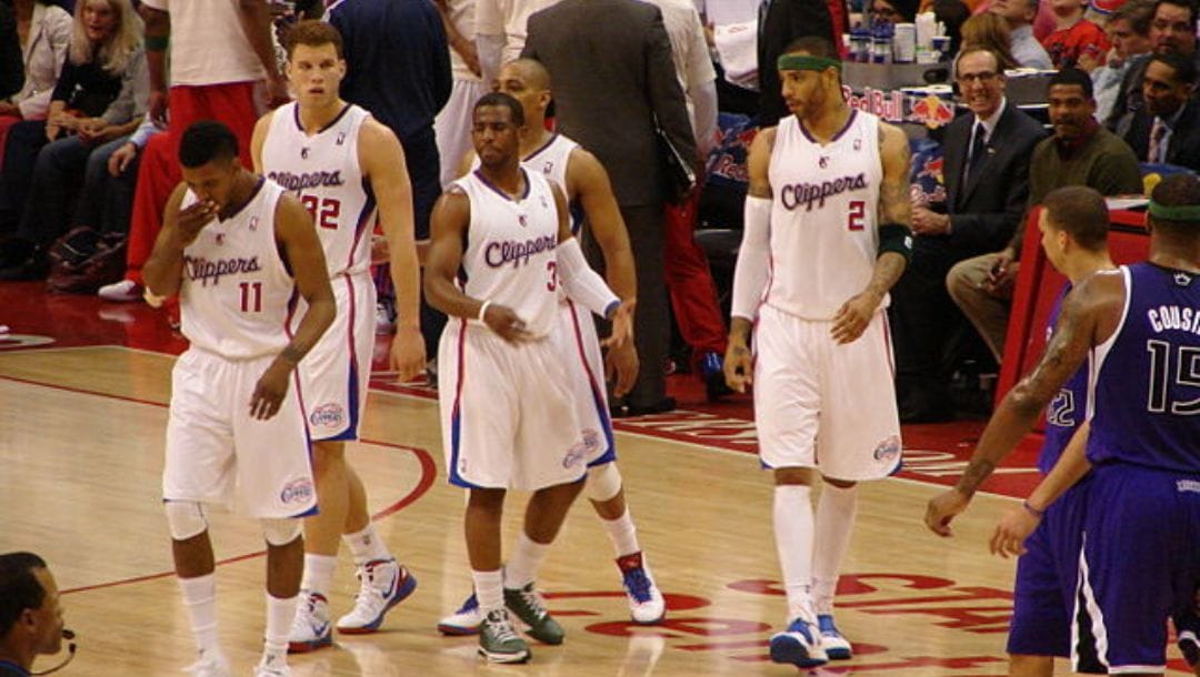 From left to right, Nick Young, Blake Griffin, Chris Paul, Randy Foye, Kenyon Martin during an NBA game against the Sacramento Kings.