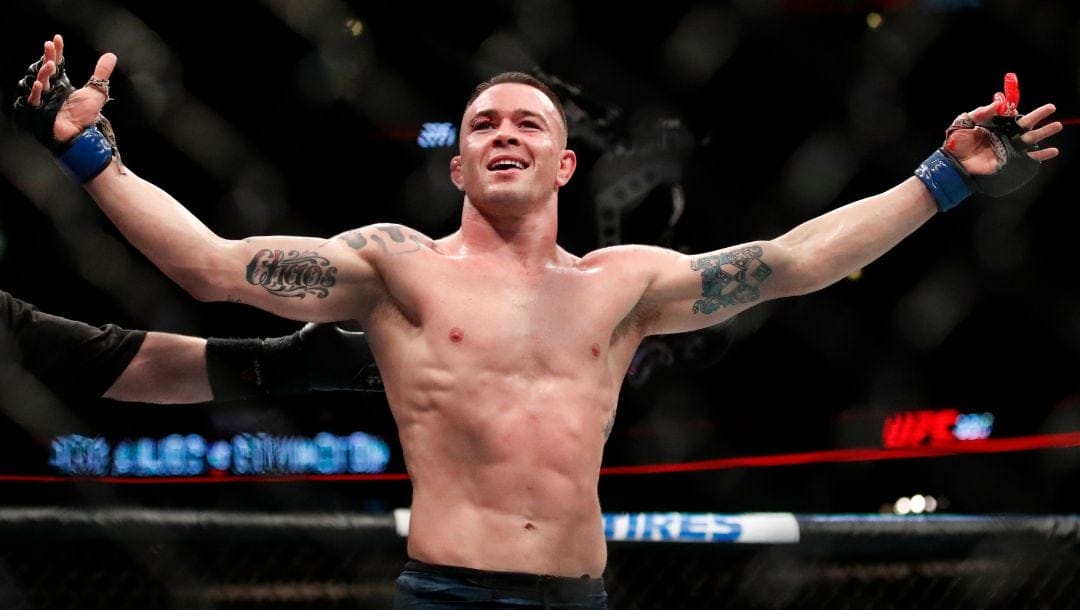 Colby Covington reacts after his win against Rafael Dos Anjos during their interim welterweight UFC 225 mixed martial arts.