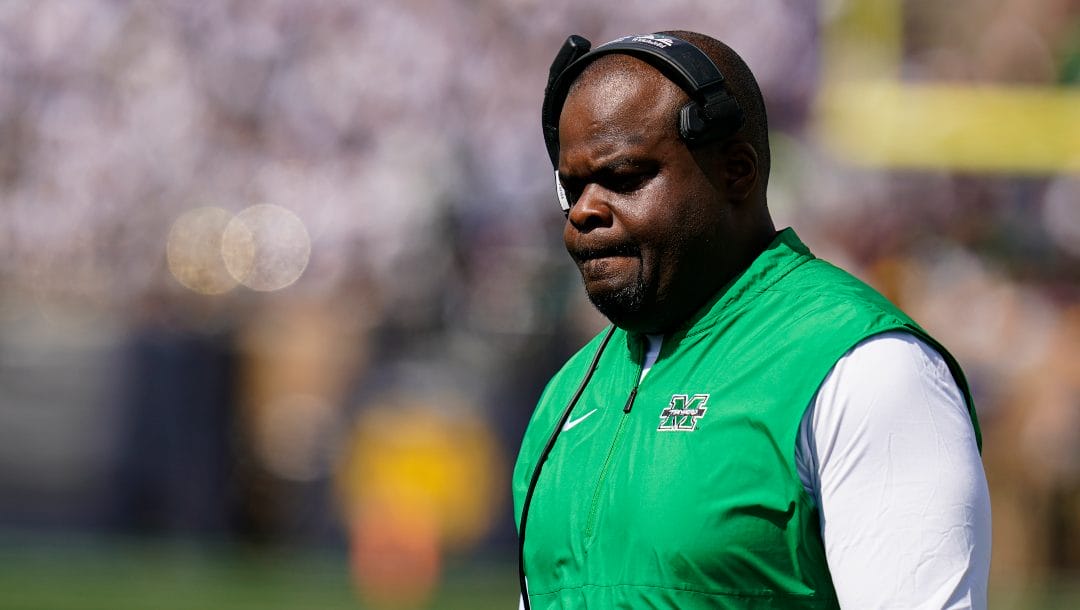 Marshall head coach Charles Huff on the sideline during the first half of an NCAA college football game against Notre Dame in South Bend, Ind., Saturday, Sept. 10, 2022.