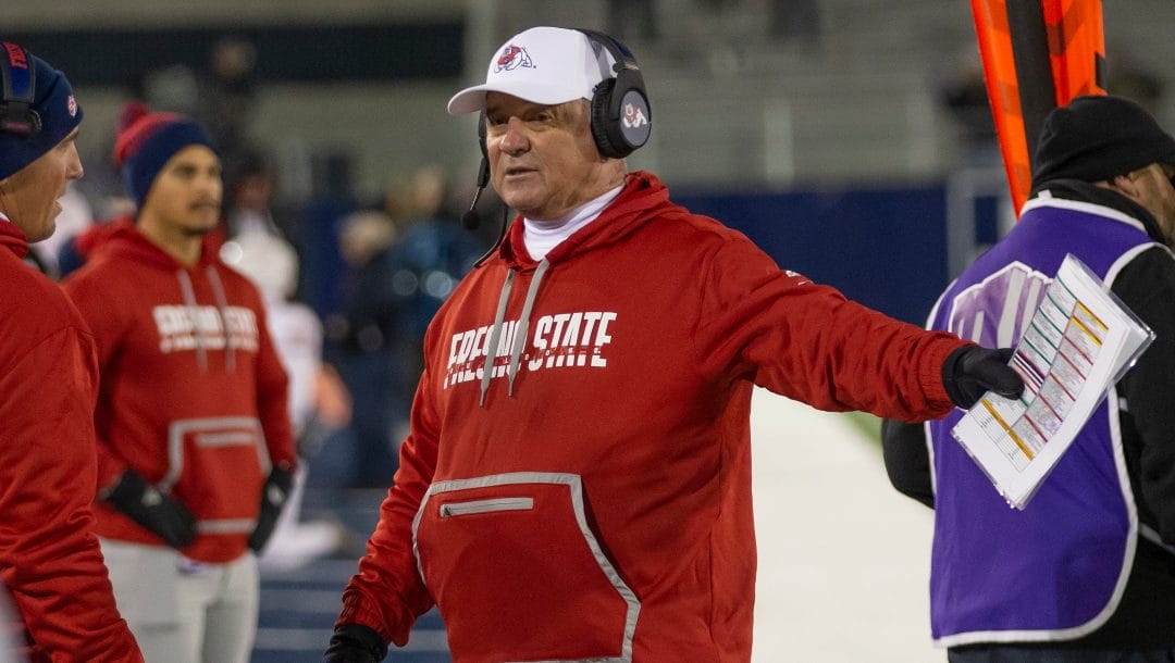 Fresno State head coach Jeff Tedford on the sideline against Nevada in the first half of an NCAA college football game in Reno, Nev., Saturday, Nov. 19, 2022.
