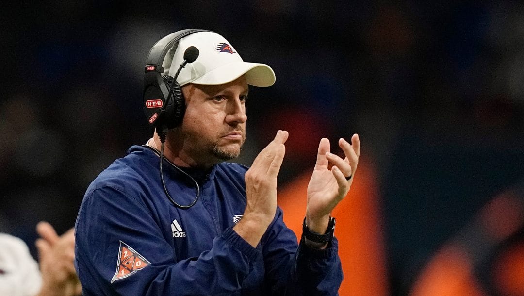UTSA head coach Jeff Traylor during the first half of an NCAA college football game against UTEP in San Antonio, Saturday, Nov. 26, 2022.