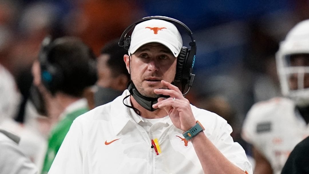 Then-Texas head coach Tom Herman looks on during the second half of the Alamo Bowl NCAA college football game against Colorado in San Antonio, Dec. 29, 2020. Tom Herman will take over as head coach of Florida Atlantic's football team as it heads into its first season in the American Athletic Conference, the school announced Thursday, Dec. 1, 2022.