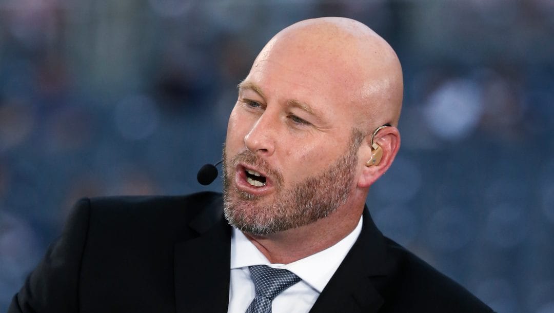 Trent Dilfer talks during ESPN's Monday Night Countdown before an NFL football game between the Chicago Bears and the Philadelphia Eagles, Sept. 19, 2016, in Chicago. Dilfer, who has been coaching a high school team in Tennessee for the last four years, is the leading candidate to become the new coach at UAB, a person with knowledge of the search told The Associated Press on Tuesday night, Nov. 29, 2022.