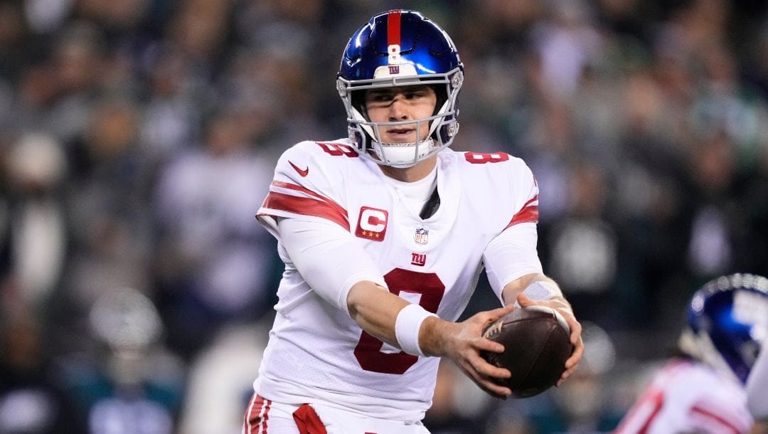 New York Giants quarterback Daniel Jones plays during an NFL divisional round playoff football game, Saturday, Jan. 21, 2023, in Philadelphia. The Giants signed Jones and put the franchise tag on running back Saquon Barkley, Tuesday, March 7, 2023.