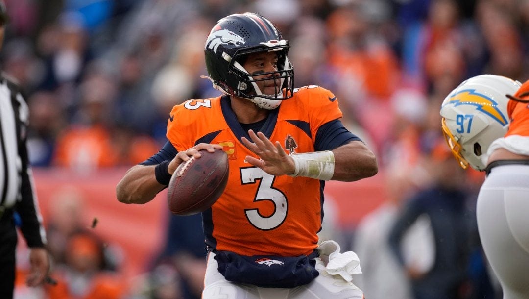 Denver Broncos quarterback Russell Wilson (3) in an NFL football game Sunday, Jan. 8, 2023, in Denver.