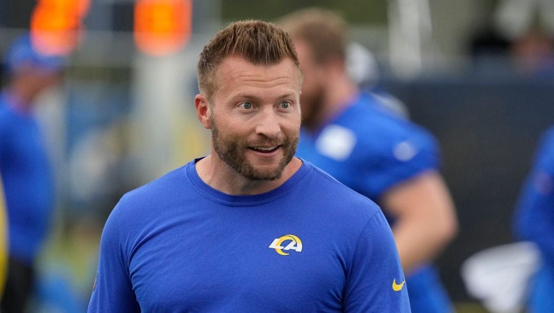 Los Angeles Rams head coach Sean McVay walks on the field during the NFL football team's organized team activities Tuesday, May 23, 2023, in Thousand Oaks, Calif.